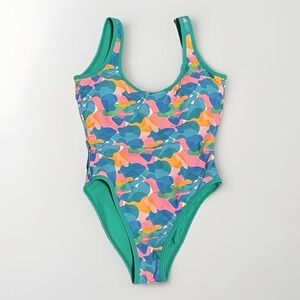 93 Play Street One Piece Swimsuit Women's M Colorful Abstract Green Trim Trippy